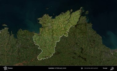 Lannion. Fransa 'nın idari alanı, Şubat 2020' de çekilen Kopernik Nöbetçi karolarından oluşan koyu renkli bir uydu görüntüsü üzerinde vurgulandı ve özetlendi.