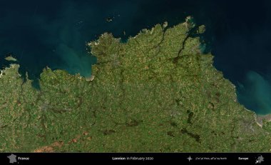 Lannion. Copernicus Sentinel 'in Şubat 2020' de çekilmiş uydu görüntüsü üzerine Fransa 'nın idari bölgesi.