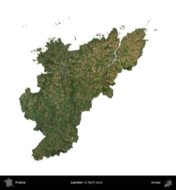 Lannion. Fransa 'nın idari bölgesi, Nisan 2020' de çekilen Kopernik Nöbetçi karolarından oluşan bir uydu görüntüsüyle beyaza izole edildi.