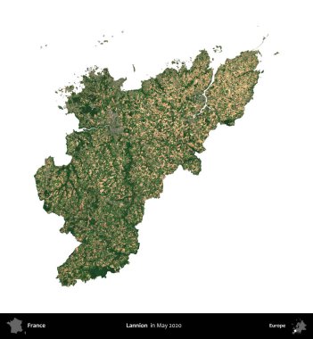 Lannion. Fransa 'nın idari bölgesi, Mayıs 2020' de çekilen Kopernik Nöbetçi karolarından oluşan bir uydu görüntüsüyle beyaza izole edildi.