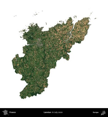 Lannion. Fransa 'nın idari bölgesi, Temmuz 2020' de çekilen Kopernik Nöbetçi karolarından oluşan uydu görüntüsüyle beyaza izole edildi.