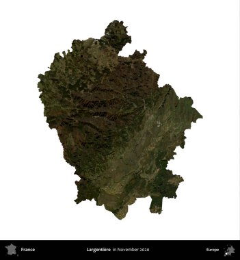 Largentiere. Fransa 'nın idari bölgesi, Kasım 2020' de çekilen Kopernik Nöbetçi karolarından oluşan bir uydu görüntüsü üzerinde beyaza izole edildi.