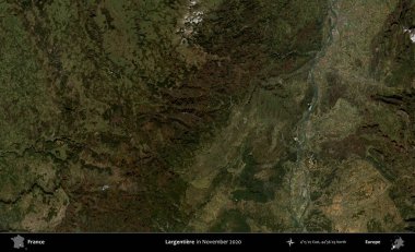 Largentiere. Copernicus Sentinel 'in Kasım 2020' de çekilmiş uydu görüntüsü üzerine Fransa 'nın idari bölgesi.