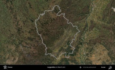 Largentiere. Mart 2021 'de çekilen Copernicus Sentinel karolarından oluşan bir uydu görüntüsünde Fransa' nın idari bölgesinin ana hatları belirlendi.