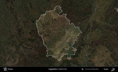 Largentiere. Fransa 'nın idari alanı, Mart 2021' de çekilen Kopernik Sentinel karolarından oluşan koyu renkli bir uydu görüntüsü üzerinde vurgulandı ve özetlendi.