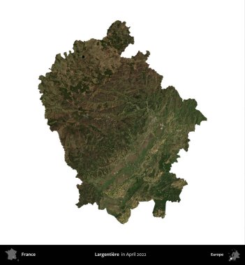 Largentiere. Fransa 'nın idari bölgesi, Nisan 2022' de çekilen Kopernik Nöbetçi karolarından oluşan bir uydu görüntüsüyle beyaza izole edildi.