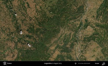 Largentiere. Copernicus Sentinel 'in Ağustos 2023' te çekilmiş uydu görüntüsü üzerine Fransa 'nın idari bölgesi.
