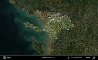 La Rochelle. Fransa 'nın idari alanı, Nisan 2024' te çekilen Kopernik Nöbetçi karolarından oluşan koyu renkli bir uydu görüntüsü üzerinde vurgulandı ve özetlendi.