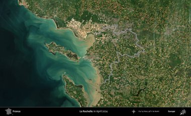 La Rochelle. Nisan 2024 'te çekilen Copernicus Sentinel karolarından oluşan bir uydu görüntüsünde Fransa' nın idari bölgesinin ana hatlarını çizdim.
