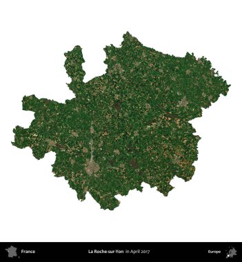 La Roche-sur-Yon. Fransa 'nın idari bölgesi, Nisan 2017' de çekilen Kopernik Nöbetçi karolarından oluşan bir uydu görüntüsü ile beyaza izole edildi.