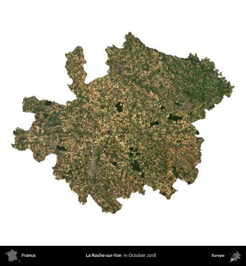 La Roche-sur-Yon. Fransa 'nın idari bölgesi, Ekim 2018' de çekilen Kopernik Nöbetçi karolarından oluşan uydu görüntüsüyle beyaza izole edildi.