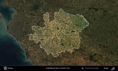 La Roche-sur-Yon. Fransa 'nın idari alanı, Ekim 2018' de çekilen Kopernik Nöbetçi karolarından oluşan koyu renkli bir uydu görüntüsü üzerinde vurgulandı ve özetlendi.