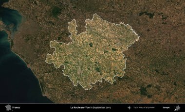 La Roche-sur-Yon. Fransa 'nın idari alanı, Eylül 2019' da çekilen Kopernik Nöbetçi karolarından oluşan koyu renkli bir uydu görüntüsü üzerinde vurgulandı ve özetlendi.
