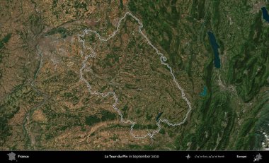La Tour-du-Pin. Eylül 2020 'de çekilen Copernicus Sentinel karolarından oluşan bir uydu görüntüsünde Fransa' nın idari bölgesinin ana hatlarını çizdim.