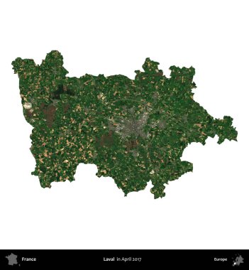 Laval. Fransa 'nın idari bölgesi, Nisan 2017' de çekilen Kopernik Nöbetçi karolarından oluşan bir uydu görüntüsü ile beyaza izole edildi.