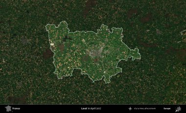 Laval. Fransa 'nın idari alanı, Nisan 2017' de çekilen Kopernik Nöbetçi karolarından oluşan koyu renkli bir uydu görüntüsü üzerinde vurgulandı ve özetlendi.