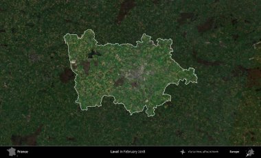 Laval. Fransa 'nın idari alanı, Şubat 2018' de çekilen Kopernik Sentinel karolarından oluşan koyu renkli bir uydu görüntüsü üzerinde vurgulandı ve özetlendi.