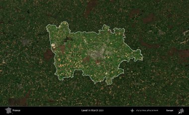 Laval. Fransa 'nın idari alanı, Mart 2021' de çekilen Kopernik Sentinel karolarından oluşan koyu renkli bir uydu görüntüsü üzerinde vurgulandı ve özetlendi.