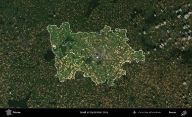 Laval. Fransa 'nın idari alanı, Eylül 2024' te çekilen Kopernik Nöbetçi karolarından oluşan koyu renkli bir uydu görüntüsü üzerinde vurgulandı ve özetlendi.