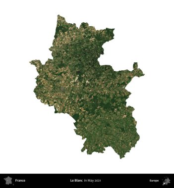 Le Blanc. Fransa 'nın idari bölgesi, Mayıs 2021' de çekilen Kopernik Nöbetçi karolarından oluşan bir uydu görüntüsüyle beyaza izole edildi.