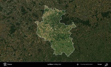 Le Blanc. Fransa 'nın idari alanı, Mayıs 2021' de çekilen Kopernik Sentinel karolarından oluşan koyu renkli bir uydu görüntüsü üzerinde vurgulandı ve özetlendi.