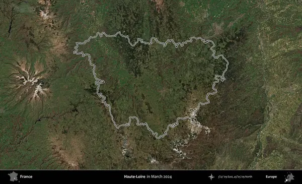 Haute-Loire 'da. Mart 2024 'te çekilen Copernicus Sentinel karolarından oluşan bir uydu görüntüsünde Fransa' nın idari bölgesinin ana hatlarını çizdim.