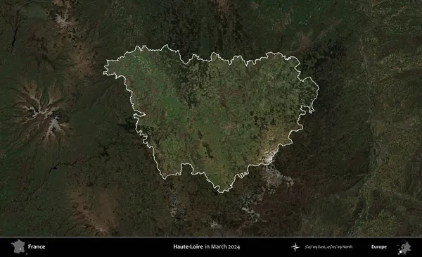 Haute-Loire 'da. Fransa 'nın idari alanı, Mart 2024' te çekilen Kopernik Nöbetçi karolarından oluşan koyu renkli bir uydu görüntüsü üzerinde vurgulandı ve özetlendi.