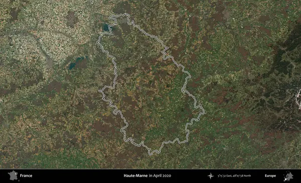 Haute-Marne. Nisan 2020 'de çekilen Kopernik Nöbetçi karolarından oluşan bir uydu görüntüsünde Fransa' nın idari bölgesinin ana hatlarını çizdim.