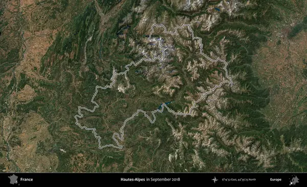 Hautes-Alpes. Eylül 2018 'de çekilen Copernicus Sentinel karolarından oluşan bir uydu görüntüsünde Fransa' nın idari bölgesinin ana hatlarını çizdim.