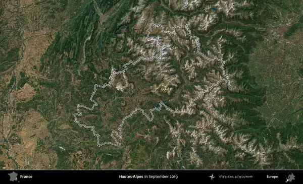 Hautes-Alpes. Eylül 2019 'da çekilen Copernicus Sentinel karolarından oluşan bir uydu görüntüsünde Fransa' nın idari bölgesinin ana hatlarını çizdim.
