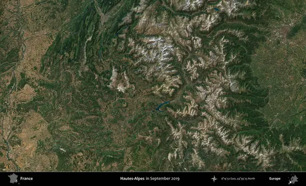 Hautes-Alpes. Eylül 2019 'da Copernicus Sentinel karolarından oluşan bir uydu görüntüsü üzerine Fransa' nın idari bölgesi