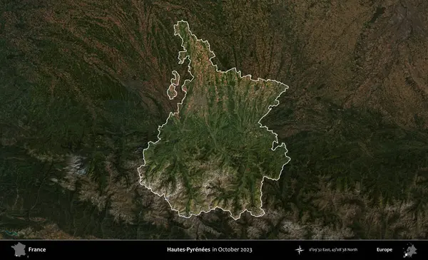 Hautes-Pyrenees 'de. Fransa 'nın idari alanı, Ekim 2023' te çekilen Kopernik Nöbetçi karolarından oluşan koyu renkli bir uydu görüntüsü üzerinde vurgulandı ve özetlendi.