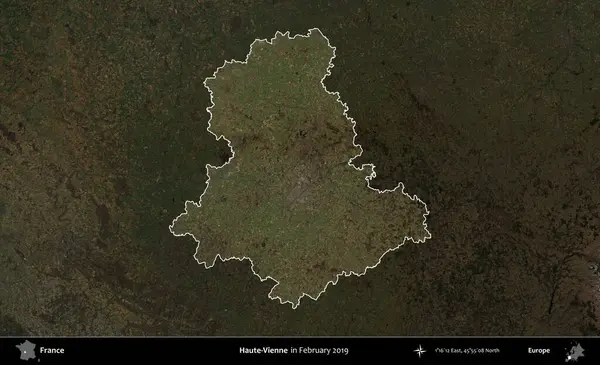 Haute-Vienne. Fransa 'nın idari alanı, Şubat 2019' da çekilen Kopernik Sentinel karolarından oluşan koyu renkli bir uydu görüntüsü üzerinde vurgulandı ve özetlendi.