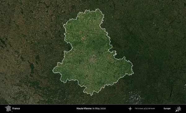 Haute-Vienne. Fransa 'nın idari alanı, Mayıs 2020' de çekilen Kopernik Nöbetçi karolarından oluşan koyu renkli bir uydu görüntüsü üzerinde vurgulandı ve özetlendi.