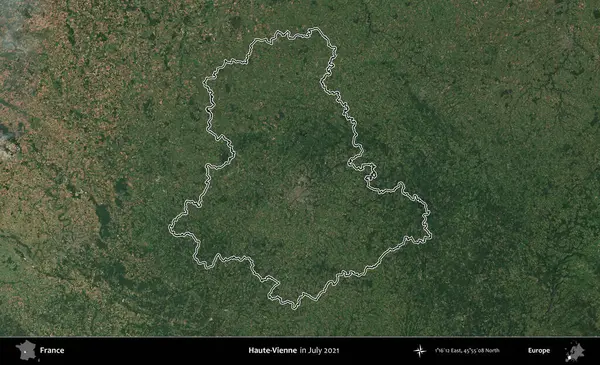 Haute-Vienne. Copernicus Sentinel 'in Temmuz 2021' de çekilen uydu görüntüsünde Fransa 'nın idari bölgesinin ana hatları belirlendi.