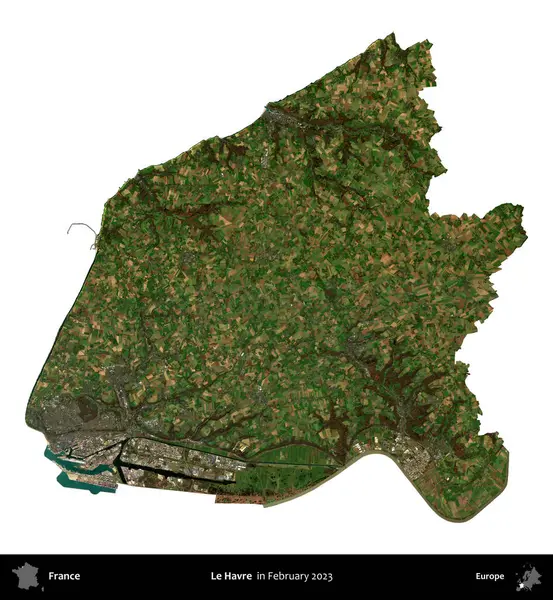 Le Havre. Fransa 'nın idari bölgesi, Şubat 2023' te çekilen Kopernik Nöbetçi karolarından oluşan bir uydu görüntüsüyle beyaza izole edildi.