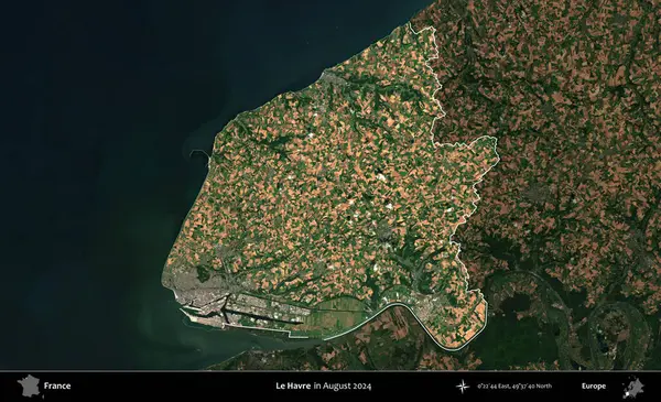 Le Havre. Fransa 'nın idari alanı, Ağustos 2024' te çekilen Kopernik Sentinel karolarından oluşan koyu renkli bir uydu görüntüsü üzerinde vurgulandı ve özetlendi.