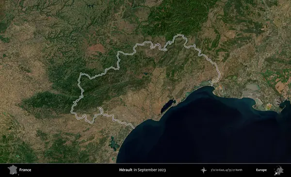 Herault. Eylül 2023 'te çekilen Copernicus Sentinel karolarından oluşan bir uydu görüntüsünde Fransa' nın idari bölgesinin ana hatlarını çizdim.