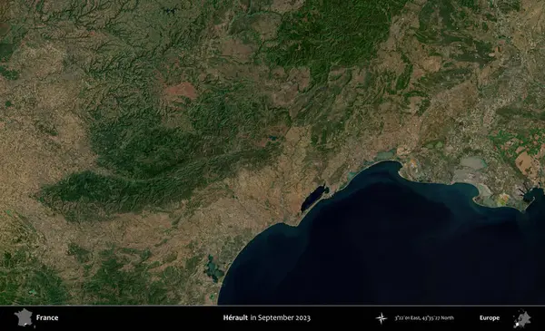 Herault. Copernicus Sentinel 'in Eylül 2023' te çekilmiş uydu görüntüsü üzerine Fransa 'nın idari bölgesi.