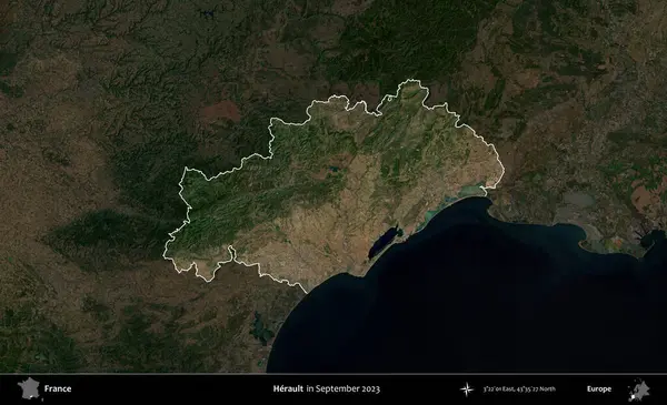 Herault. Fransa 'nın idari alanı, Eylül 2023' te çekilen Kopernik Nöbetçi karolarından oluşan koyu renkli bir uydu görüntüsü üzerinde vurgulandı ve özetlendi.