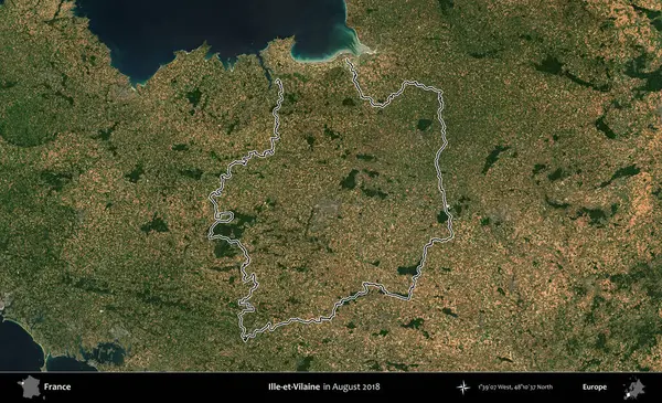 Ille-et-Vilaine. Copernicus Sentinel 'in Ağustos 2018' de çekilen uydu görüntüsünde Fransa 'nın idari bölgesinin ana hatları belirlendi.