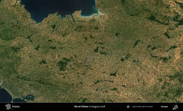 Ille-et-Vilaine. Copernicus Sentinel 'in Ağustos 2018' de çekilmiş uydu görüntüsü üzerine Fransa 'nın idari bölgesi.