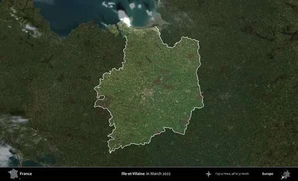 Ille-et-Vilaine. Fransa 'nın idari alanı, Mart 2022' de çekilen Kopernik Sentinel karolarından oluşan koyu renkli bir uydu görüntüsü üzerinde vurgulandı ve özetlendi.