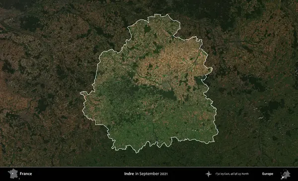 Indre. Fransa 'nın idari alanı, Eylül 2021' de çekilen Kopernik Sentinel karolarından oluşan koyu renkli bir uydu görüntüsü üzerinde vurgulandı ve özetlendi.