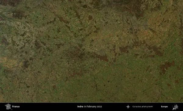 Indre. Copernicus Sentinel 'in Şubat 2022' de çekilmiş uydu görüntüsü üzerine Fransa 'nın idari bölgesi.