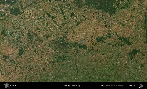 Indre. Copernicus Sentinel 'in Haziran 2023' te çekilmiş uydu görüntüsü üzerine Fransa 'nın idari bölgesi.