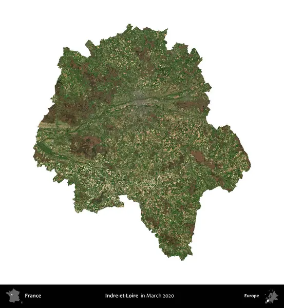 Indre-et-Loire. Fransa 'nın idari bölgesi, Mart 2020' de çekilen Kopernik Nöbetçi karolarından oluşan bir uydu görüntüsüyle beyaza izole edildi.