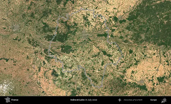 Indre-et-Loire. Copernicus Sentinel 'in Temmuz 2020' de çekilen uydu görüntüsünde Fransa 'nın idari bölgesinin ana hatları belirlendi.