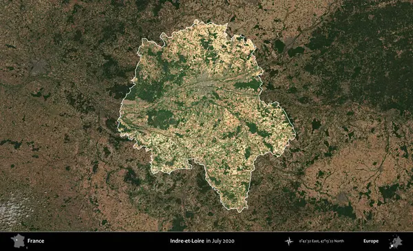 Indre-et-Loire. Fransa 'nın idari alanı, Temmuz 2020' de çekilen Kopernik Nöbetçi karolarından oluşan koyu renkli bir uydu görüntüsüyle vurgulandı ve özetlendi.