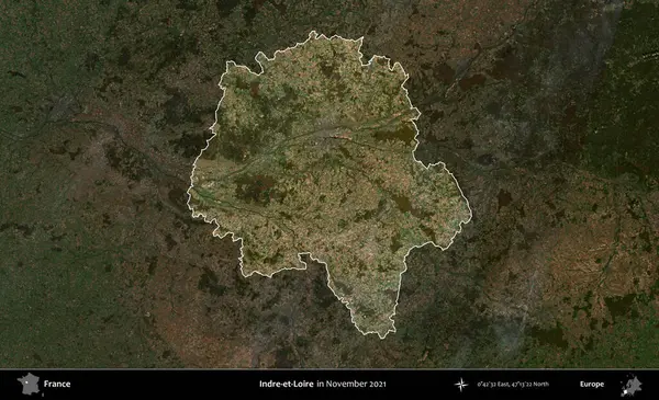 Indre-et-Loire. Fransa 'nın idari alanı, Kopernik Sentinel' in Kasım 2021 'de çekilmiş karanlık bir uydu görüntüsüyle vurgulandı ve özetlendi.